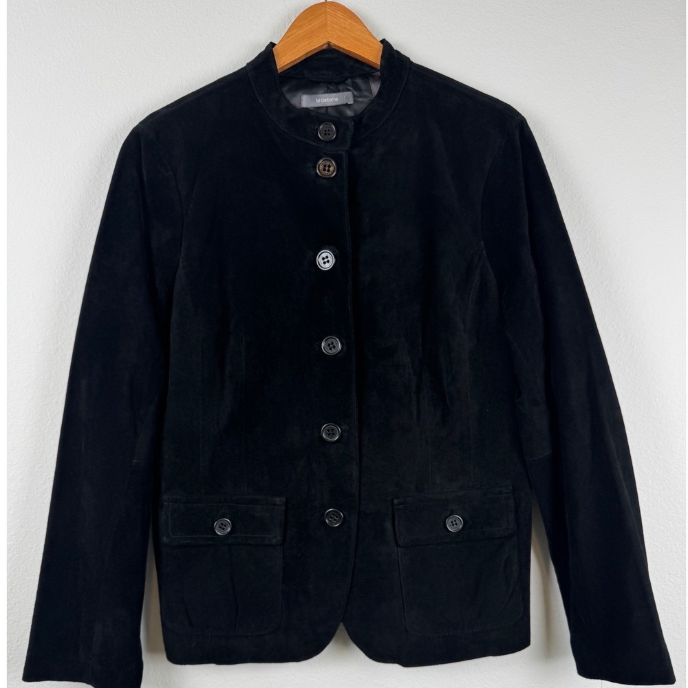Liz Claiborne Suede Jacket Womens XL Black NEW VTG Mandarin Collar Minimal